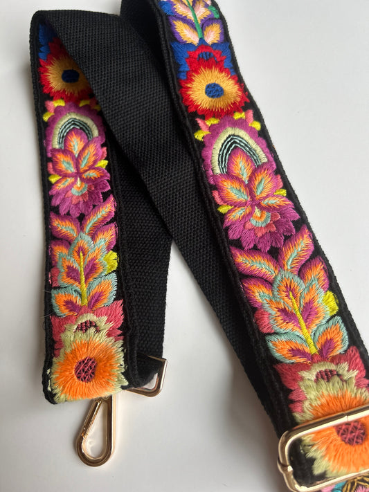 Phone/bag strap - embroidery flowers black (thicker strap)