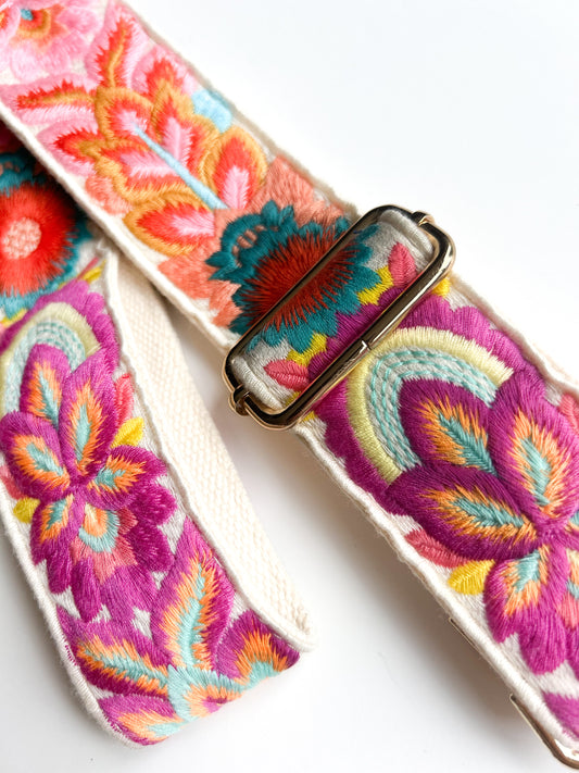 Phone/bag strap - embroidery flowers white (thicker strap)