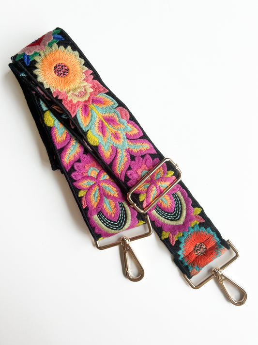 Phone/bag strap - embroidery flowers black