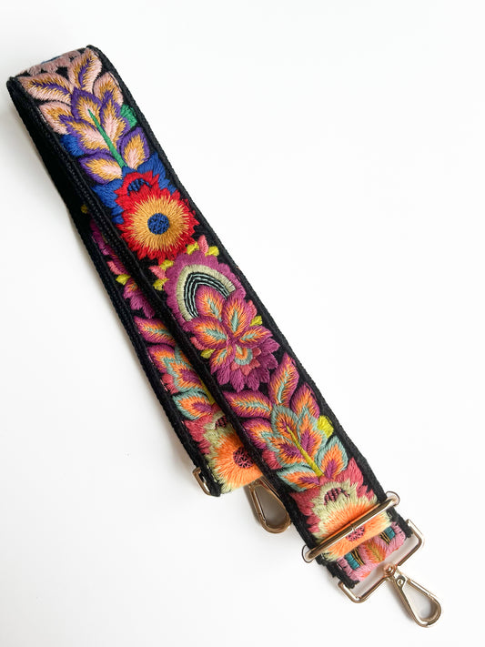 Phone/bag strap - embroidery flowers black (thicker strap)