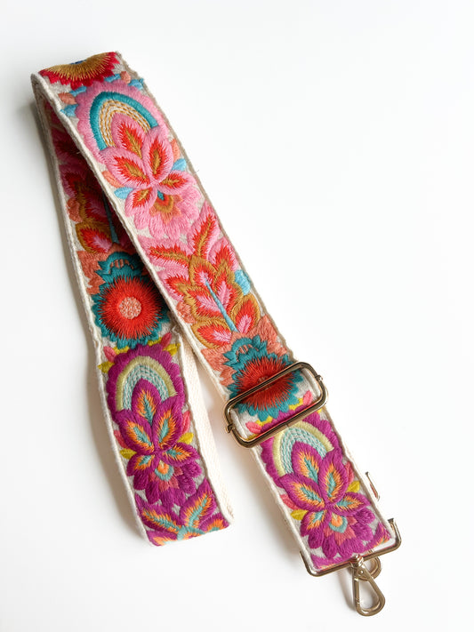 Phone/bag strap - embroidery flowers white (thicker strap)