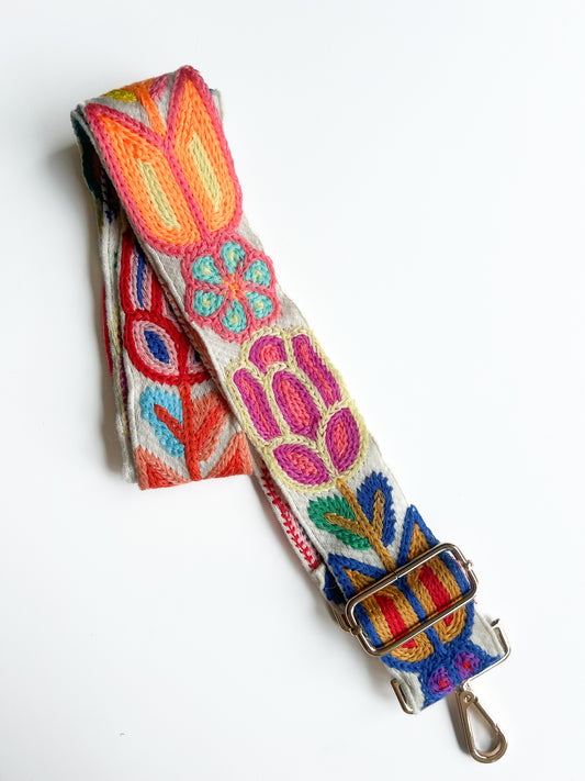 Phone/bag strap - embroidery flowers white